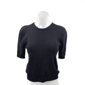 Jones New York Black Silk Short Sleeve Ribbed Knit Crew Neck Sweater Top Size M